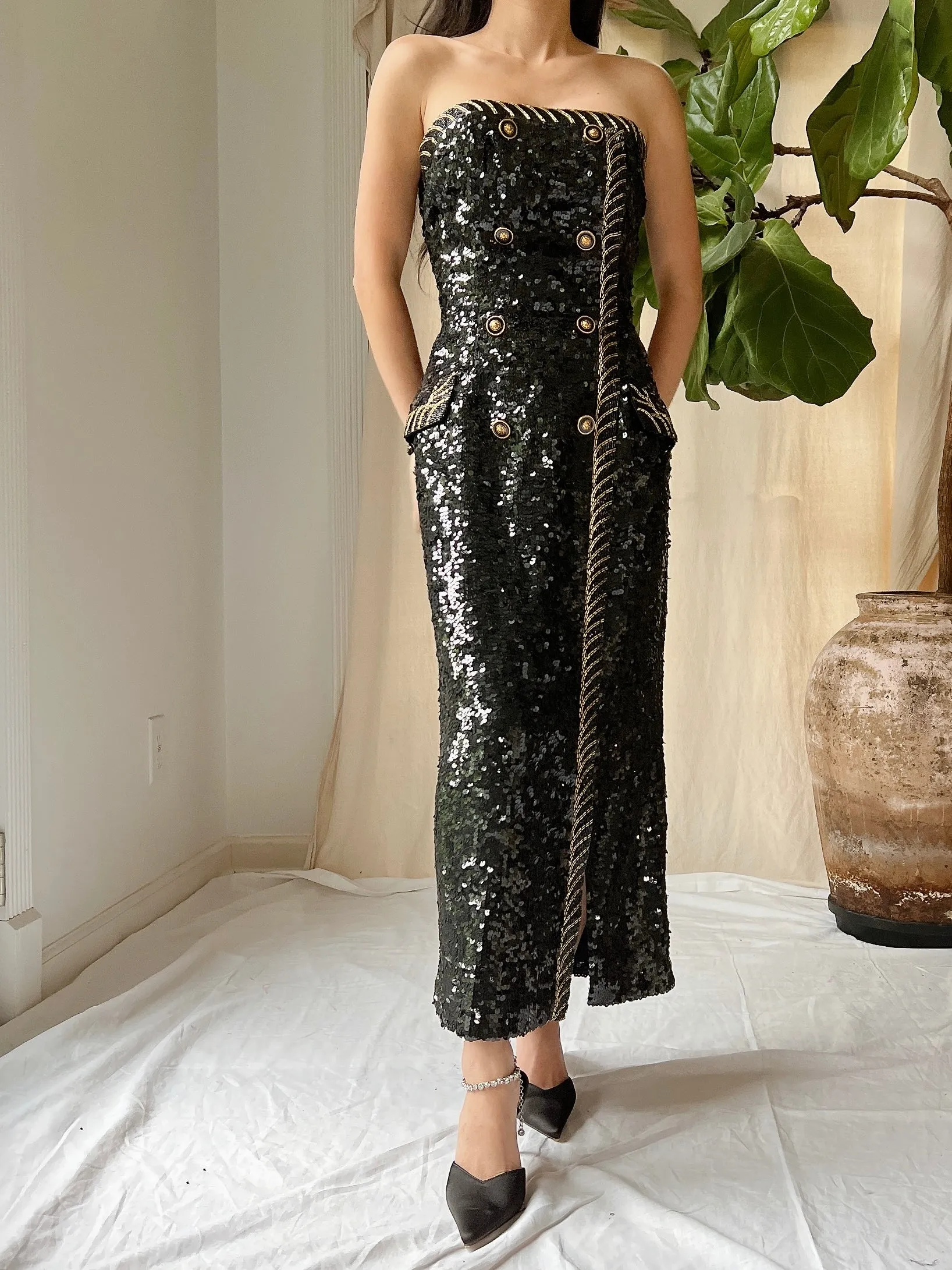 Vintage Strapless Sequins Dress - M