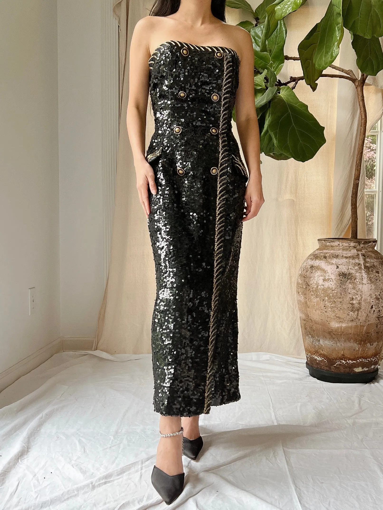 Vintage Strapless Sequins Dress - M
