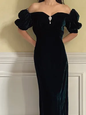 Vintage Teal Velvet Puff Sleeve Dress - S