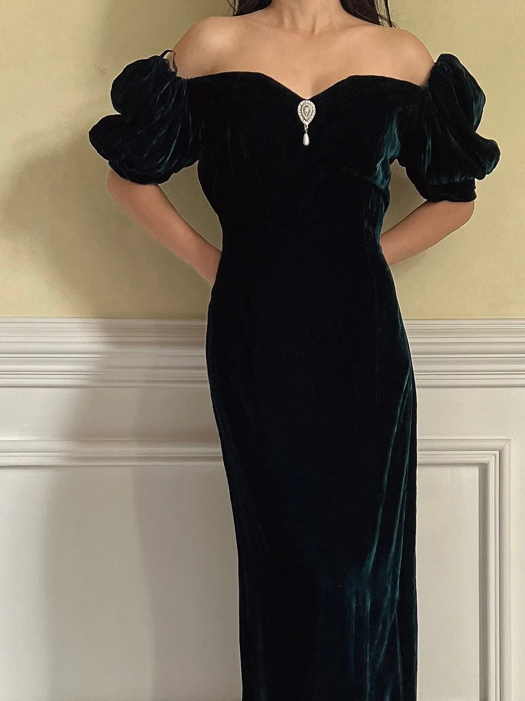 Vintage Teal Velvet Puff Sleeve Dress - S