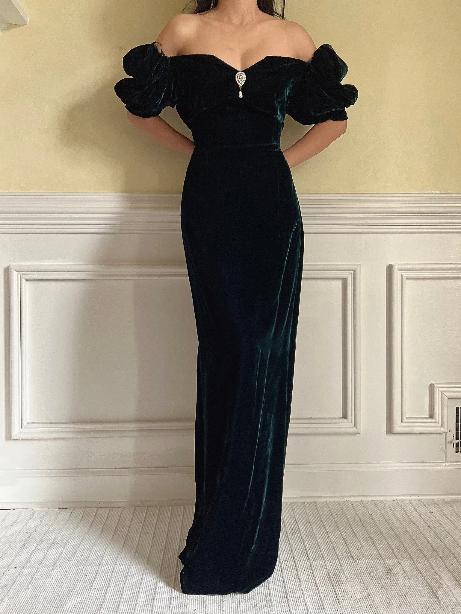 Vintage Teal Velvet Puff Sleeve Dress - S