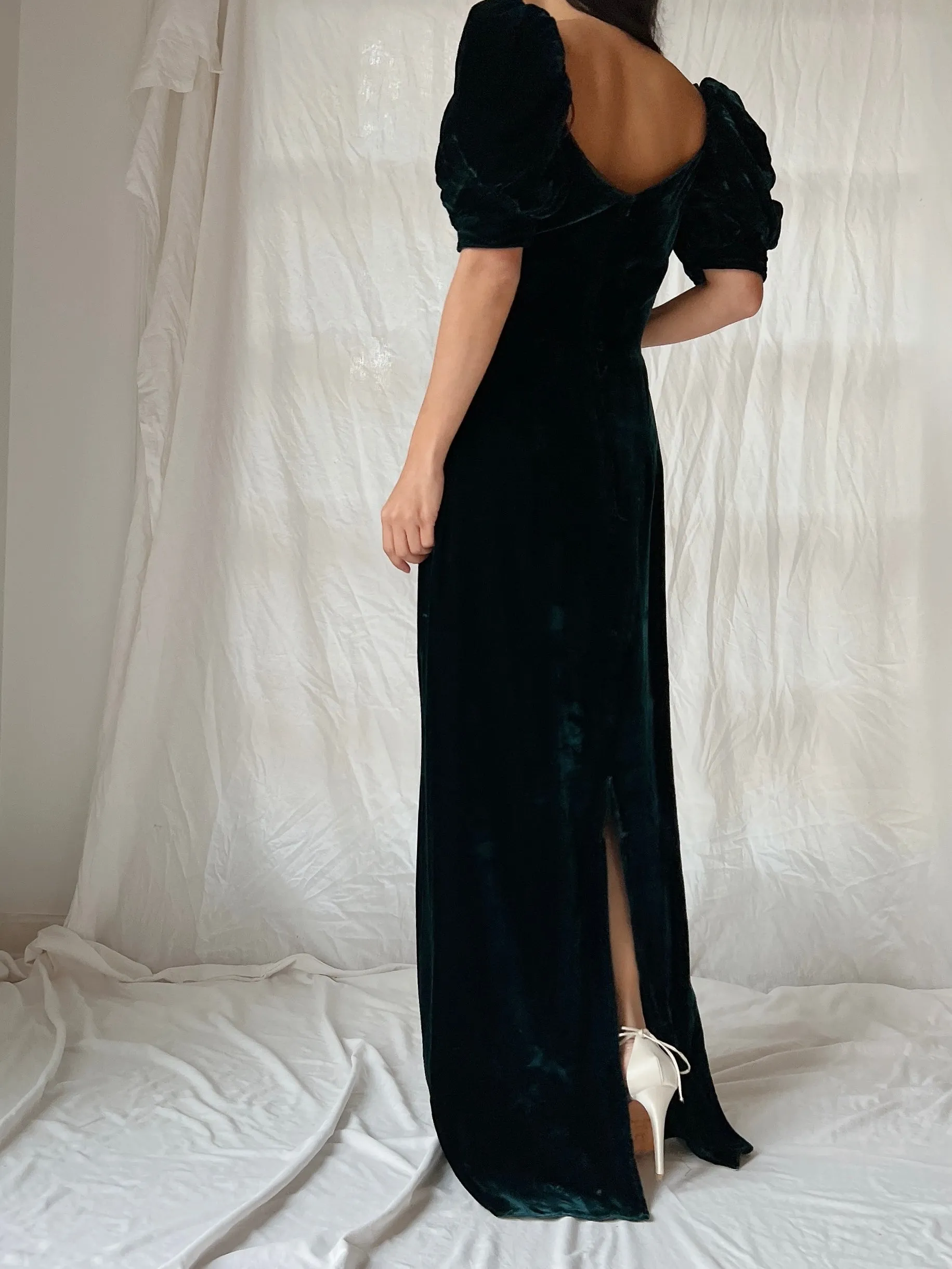 Vintage Teal Velvet Puff Sleeve Dress - XS/S