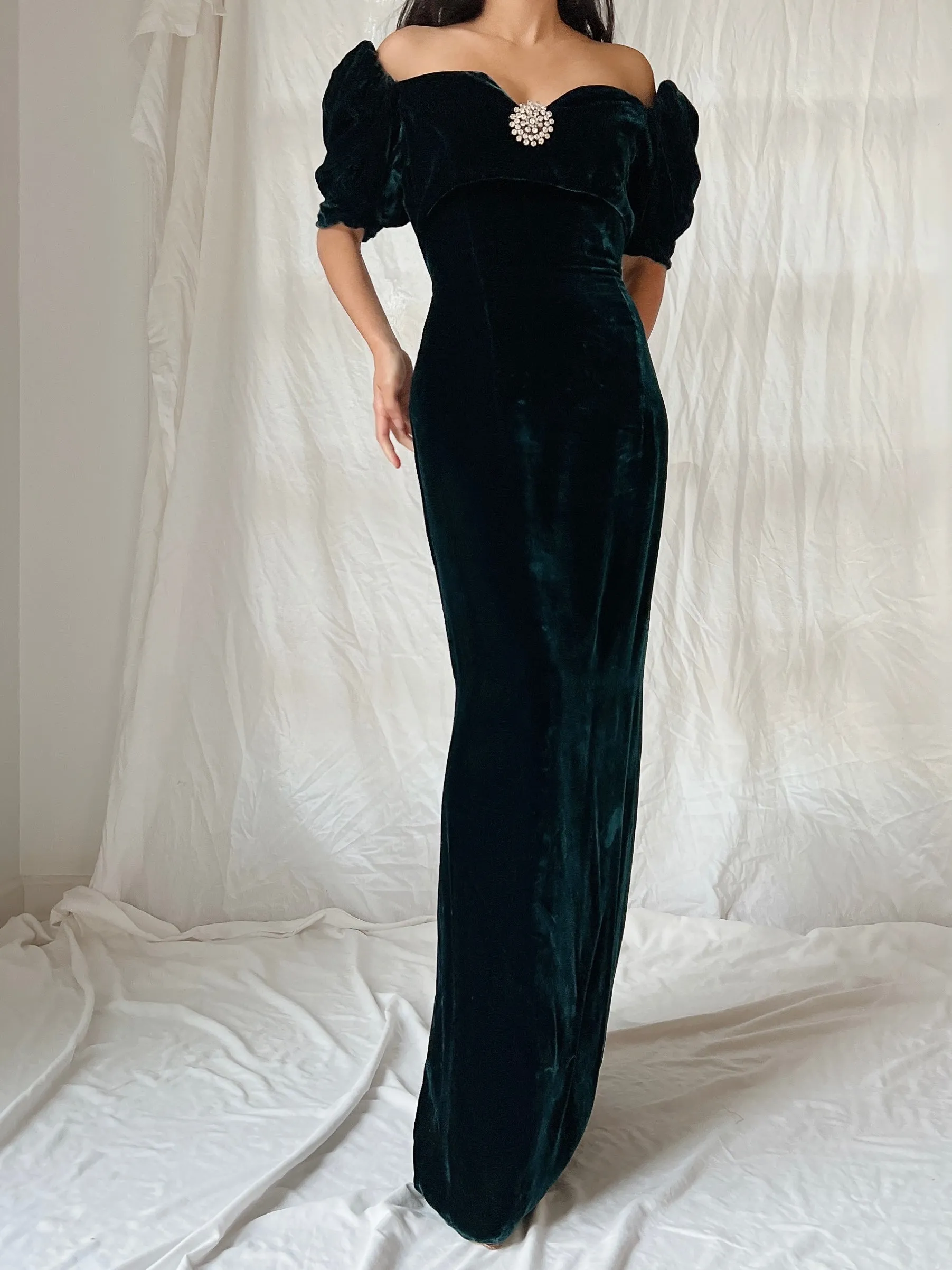 Vintage Teal Velvet Puff Sleeve Dress - XS/S