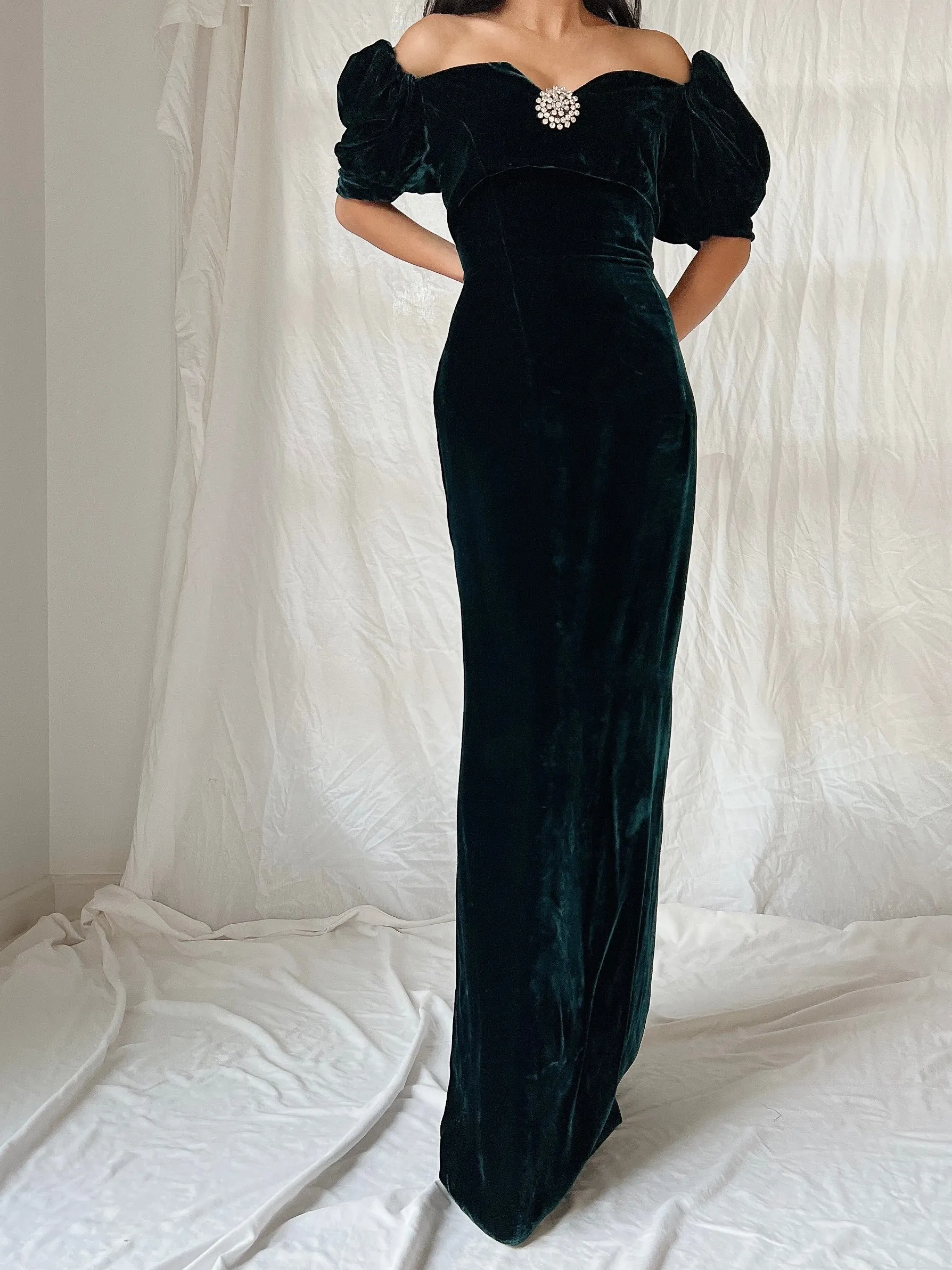 Vintage Teal Velvet Puff Sleeve Dress - XS/S