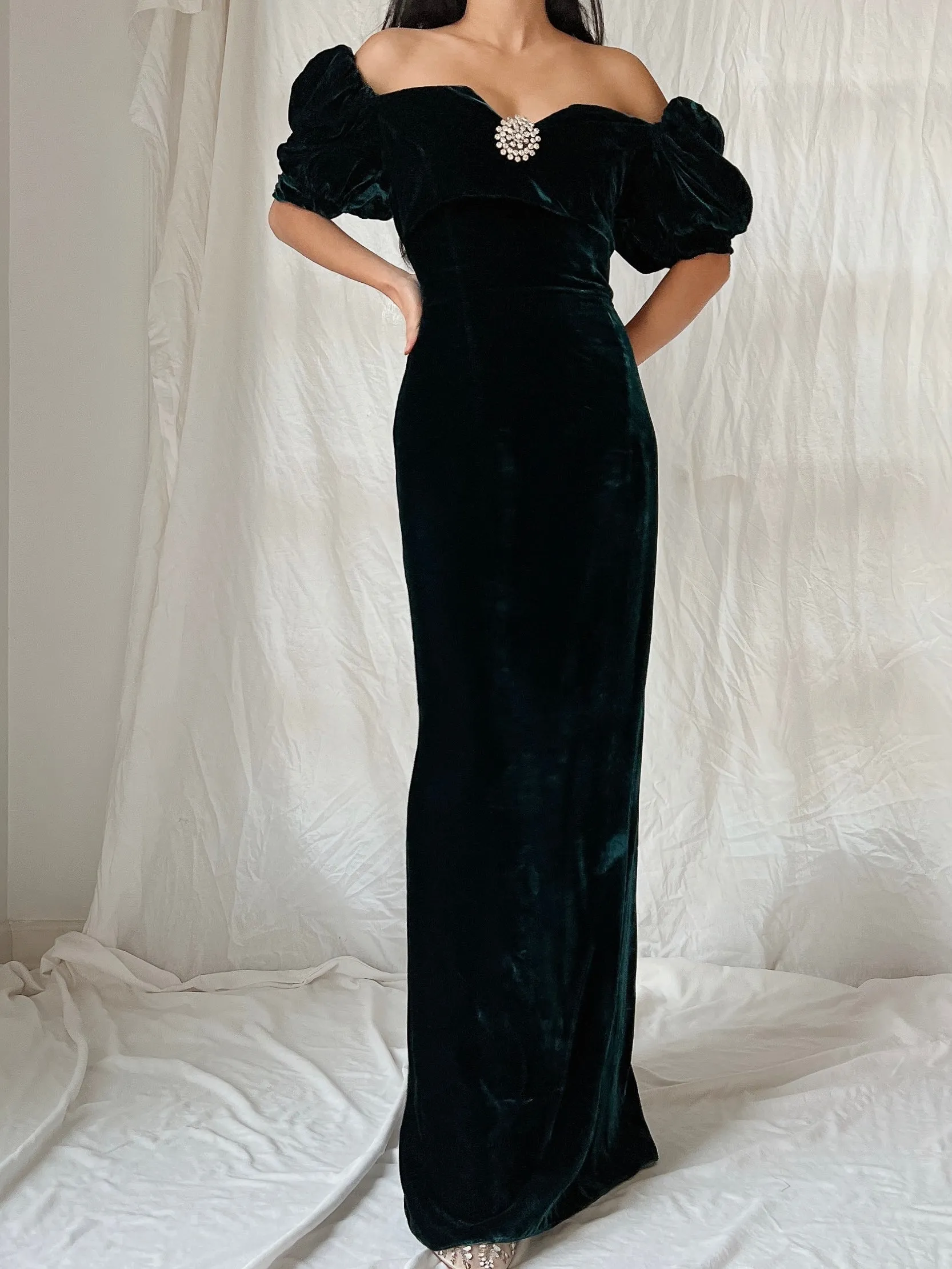 Vintage Teal Velvet Puff Sleeve Dress - XS/S