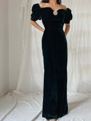 Vintage Teal Velvet Puff Sleeve Dress - XS/S