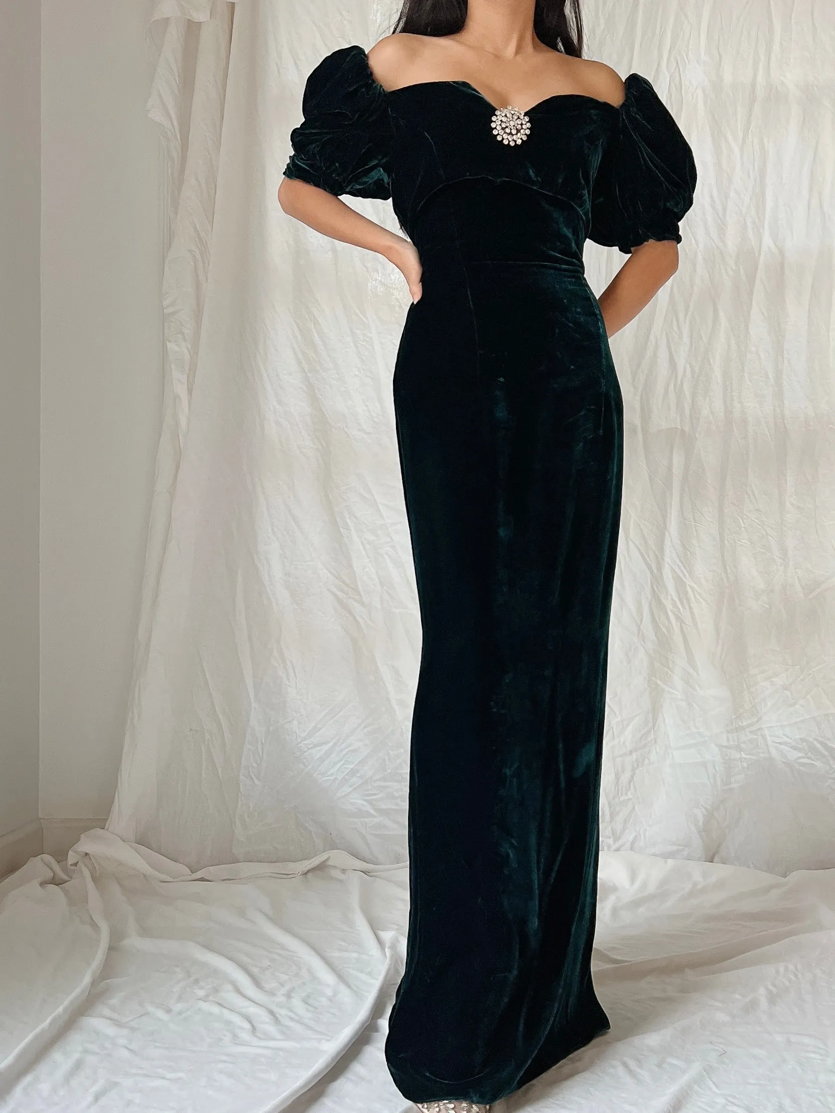 Vintage Teal Velvet Puff Sleeve Dress - XS/S