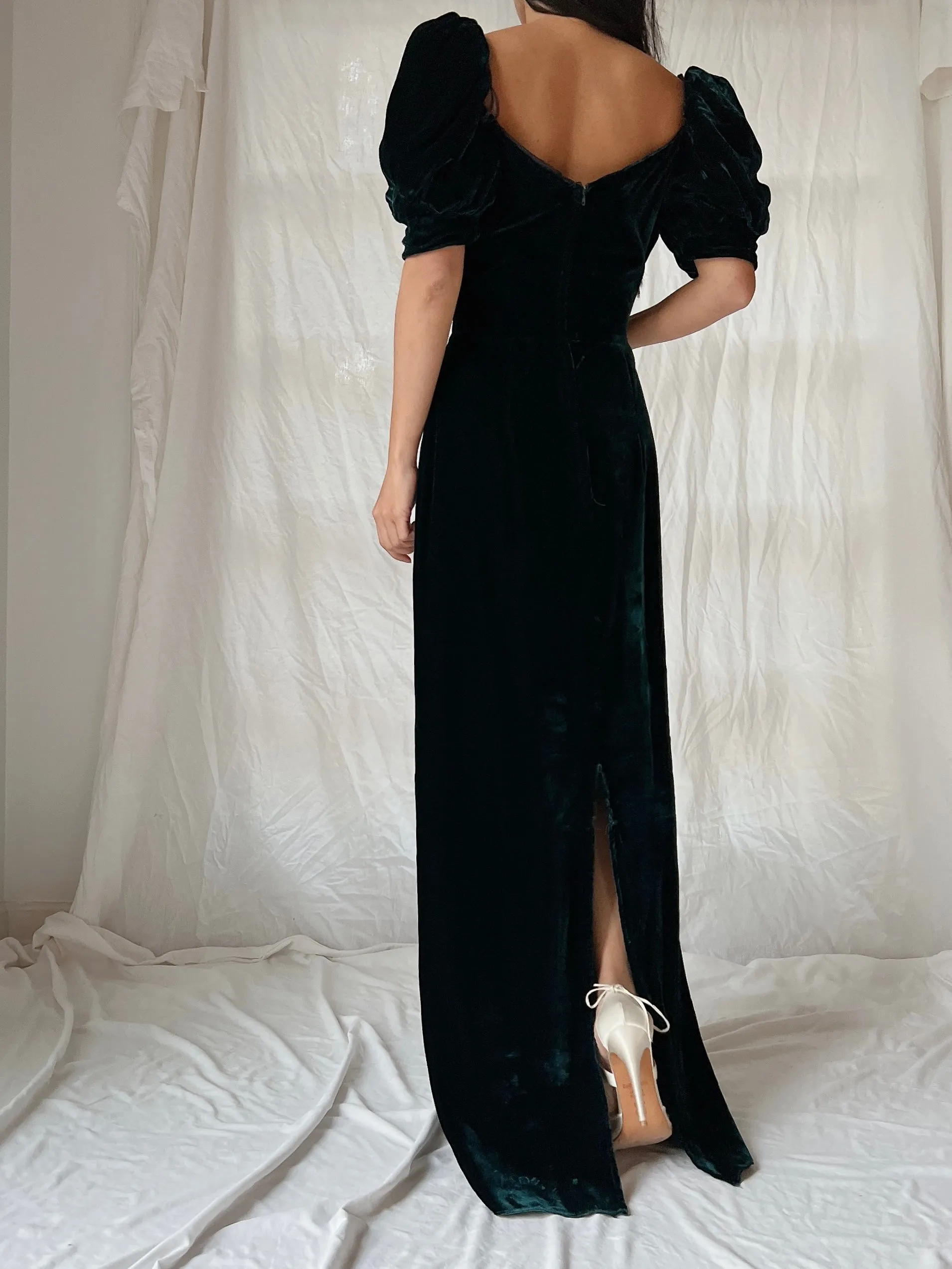 Vintage Teal Velvet Puff Sleeve Dress - XS/S