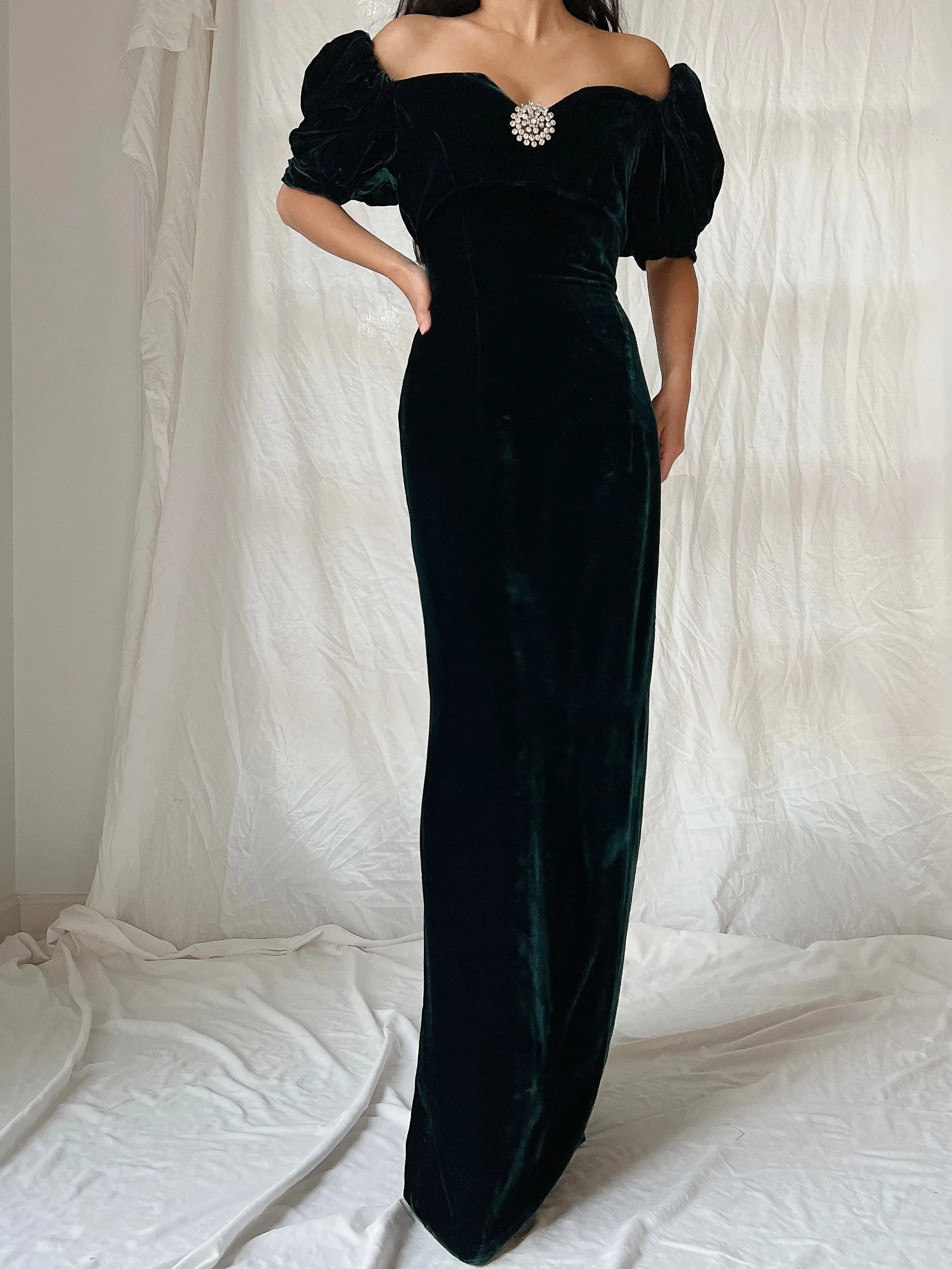 Vintage Teal Velvet Puff Sleeve Dress - XS/S