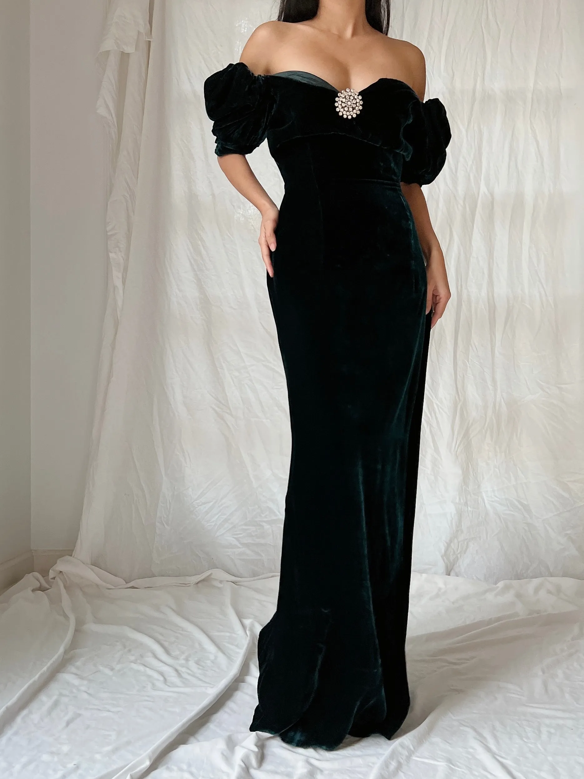 Vintage Teal Velvet Puff Sleeve Dress - XS/S