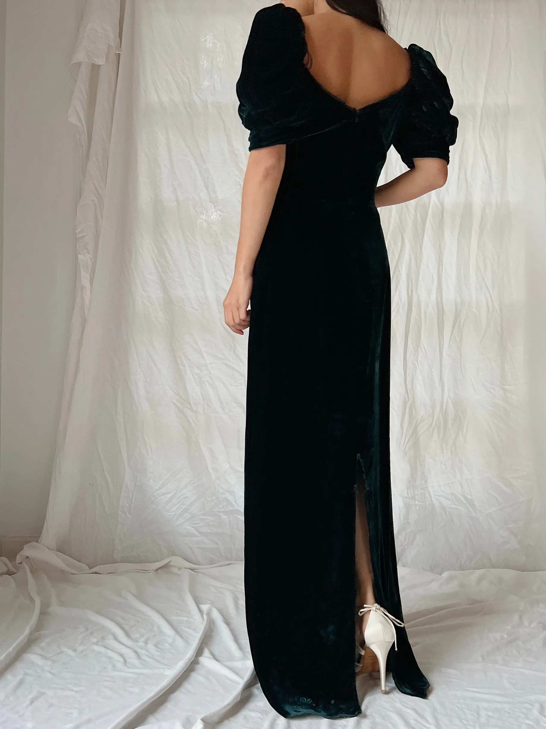 Vintage Teal Velvet Puff Sleeve Dress - XS/S