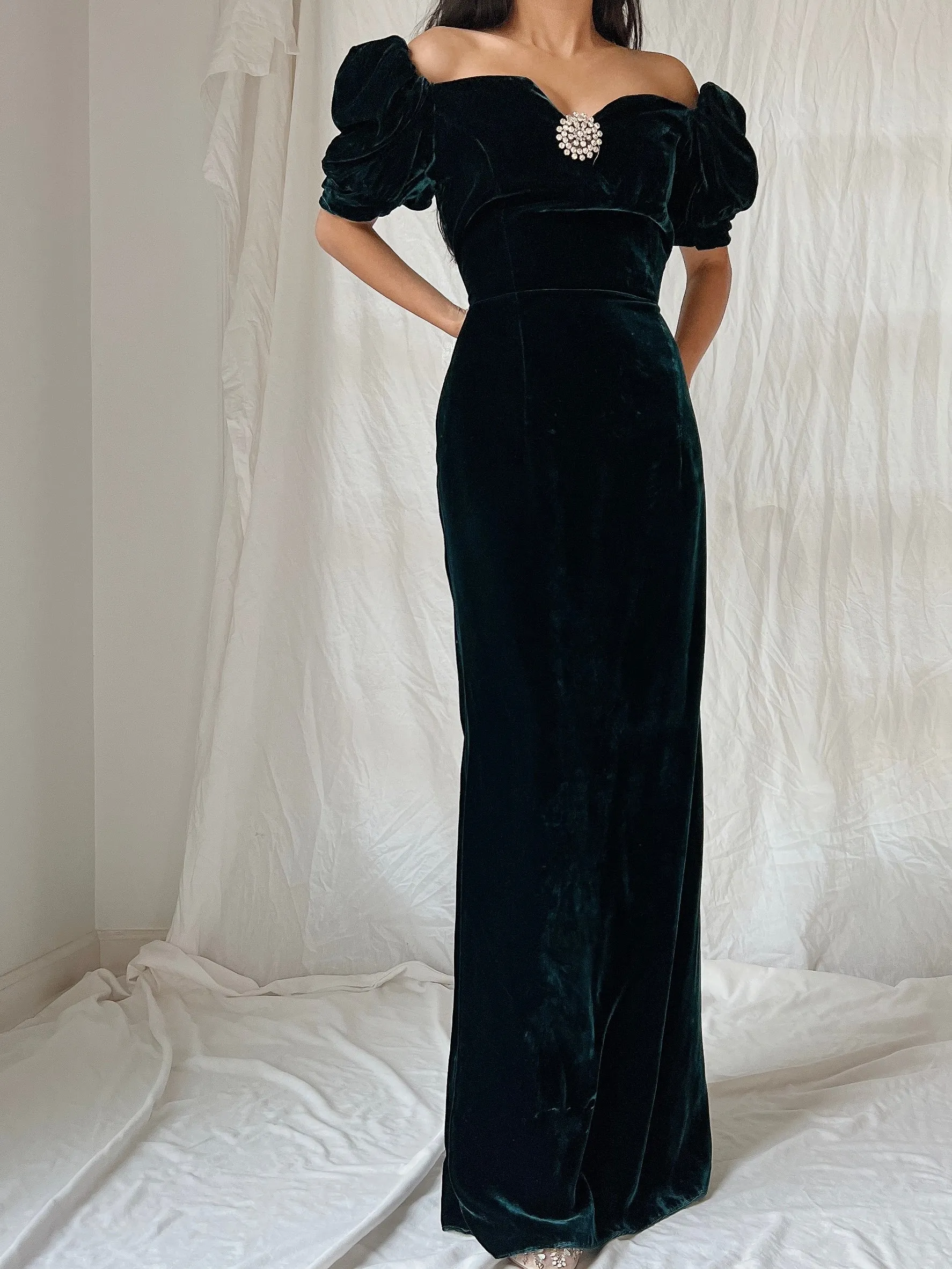 Vintage Teal Velvet Puff Sleeve Dress - XS/S
