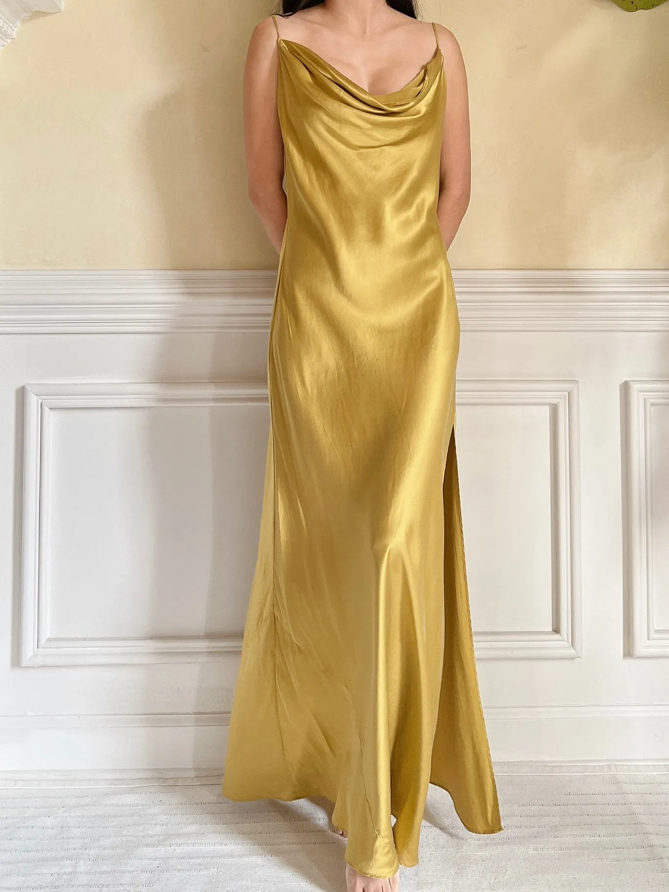Y2K Mustard Silk Charmeuse Slip Dress  - M/L