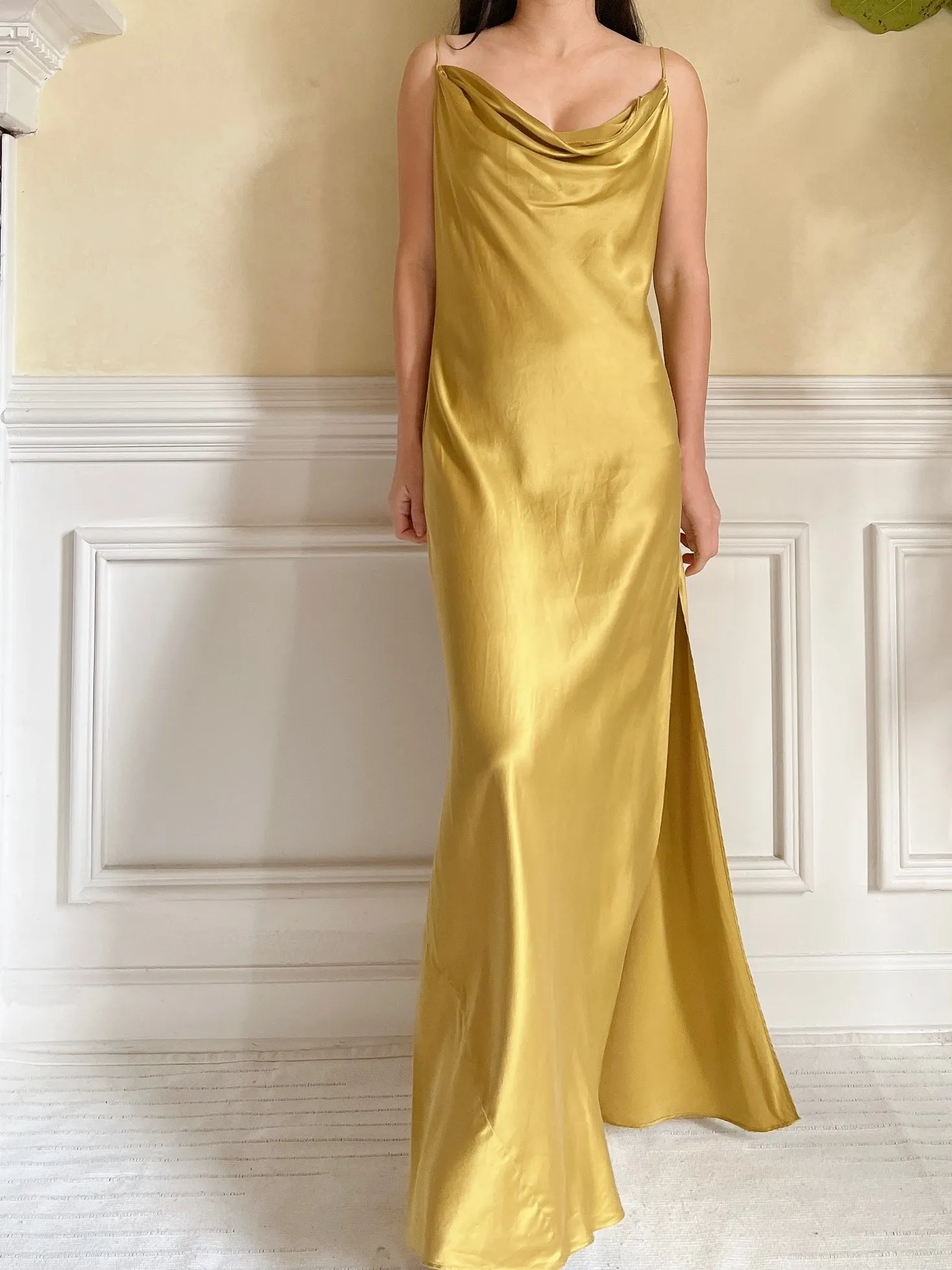 Y2K Mustard Silk Charmeuse Slip Dress  - M/L