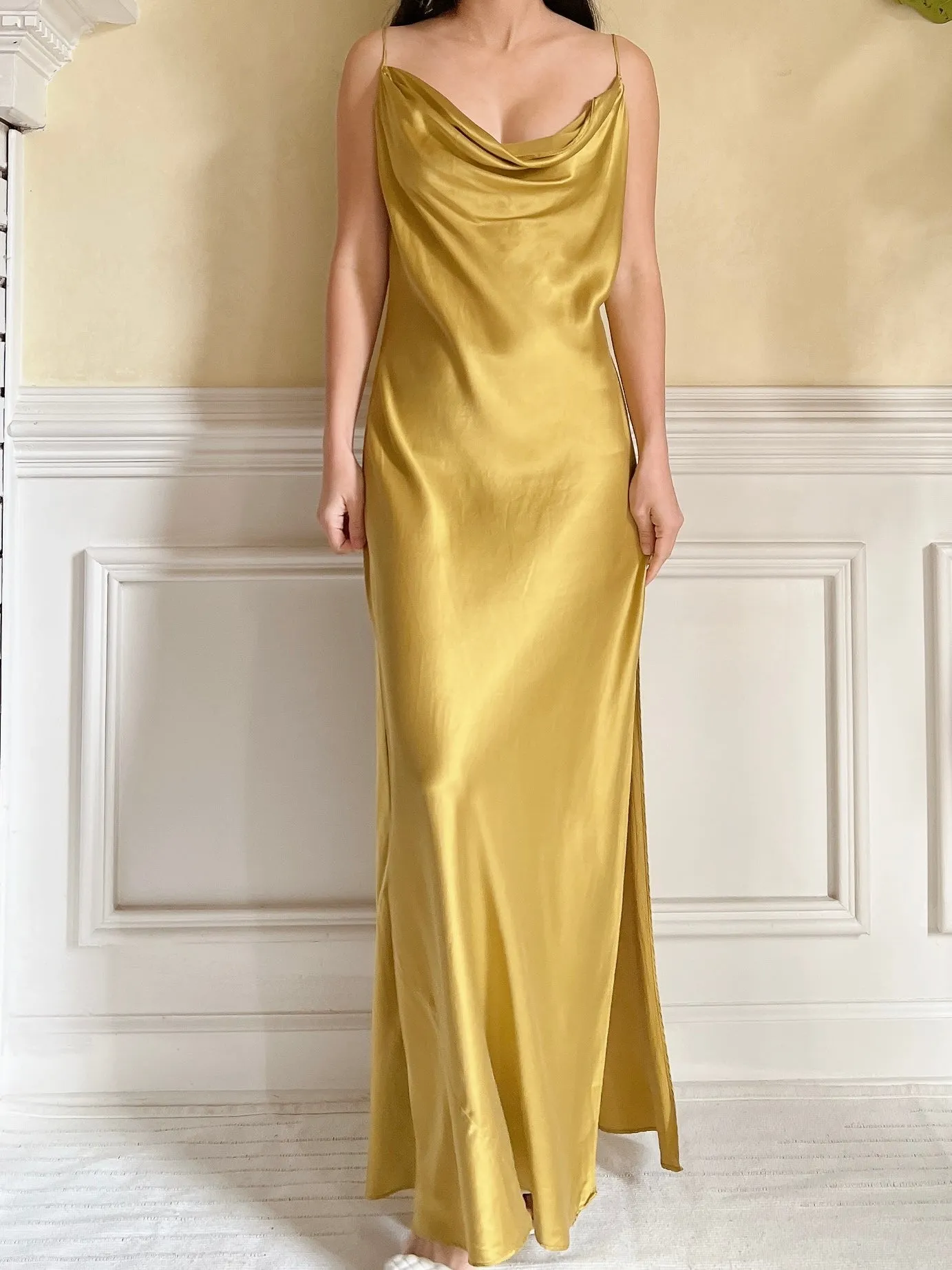 Y2K Mustard Silk Charmeuse Slip Dress  - M/L